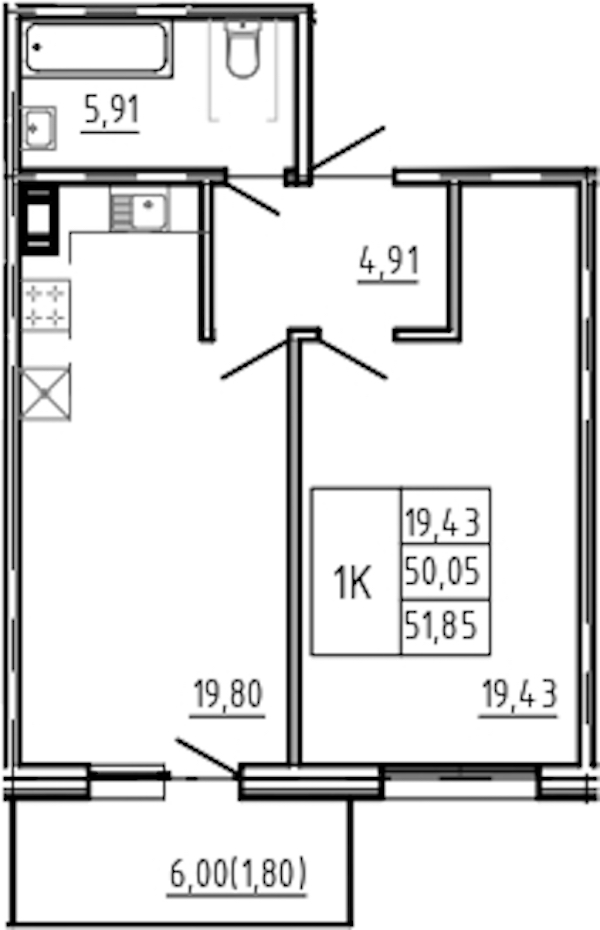 1-комнатная квартира 51.85 м², 5/5 эт., Комплекс апартаментов «Bereg. Курортный»